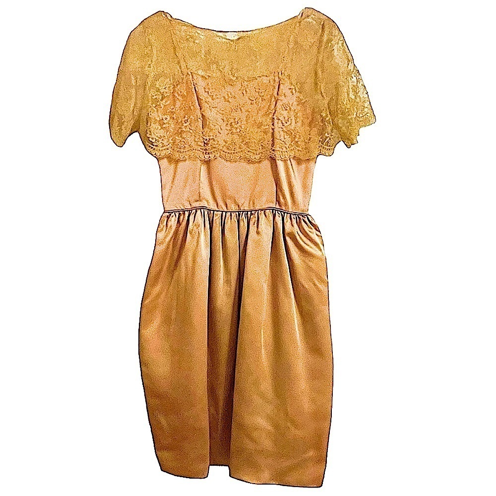 Vintage Marigold Satin 60s Spaghetti Stripe Dress with Cropped Lace Jacket 6